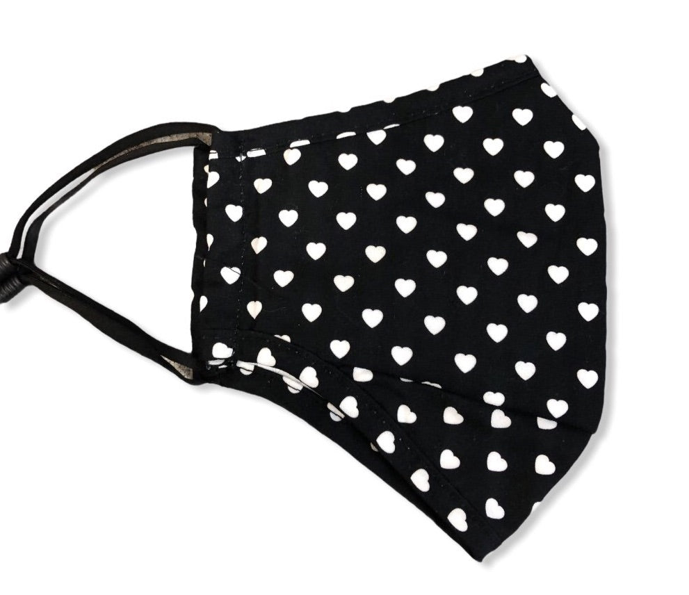FACE MASK - BLACK WITH WHITE HEARTS